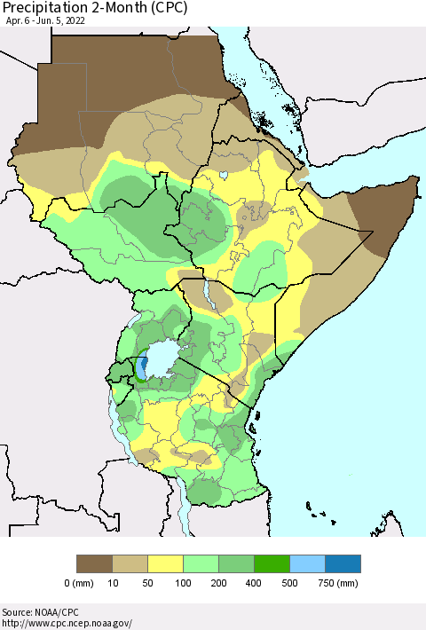 Eastern Africa Precipitation 2-Month (CPC) Thematic Map For 4/6/2022 - 6/5/2022
