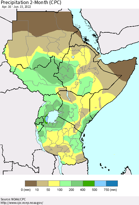 Eastern Africa Precipitation 2-Month (CPC) Thematic Map For 4/16/2022 - 6/15/2022