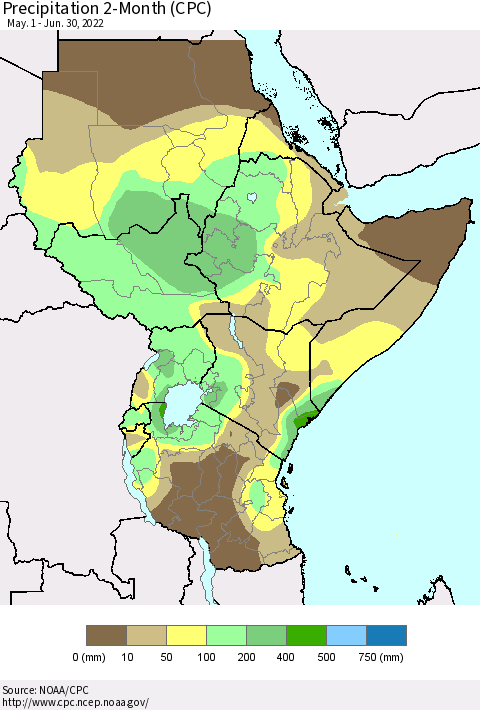 Eastern Africa Precipitation 2-Month (CPC) Thematic Map For 5/1/2022 - 6/30/2022