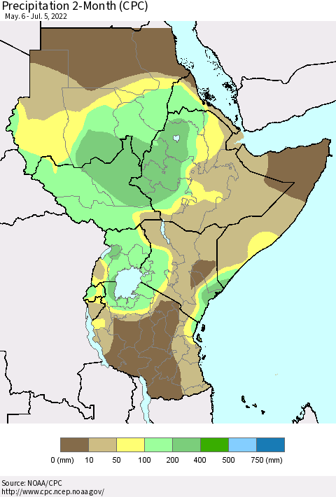 Eastern Africa Precipitation 2-Month (CPC) Thematic Map For 5/6/2022 - 7/5/2022