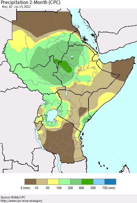 Eastern Africa Precipitation 2-Month (CPC) Thematic Map For 5/16/2022 - 7/15/2022