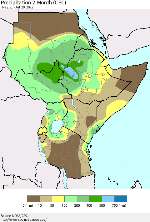 Eastern Africa Precipitation 2-Month (CPC) Thematic Map For 5/21/2022 - 7/20/2022
