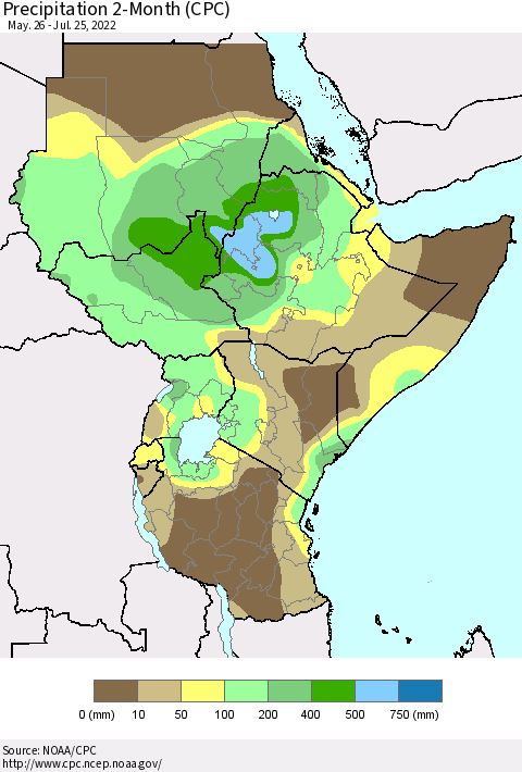 Eastern Africa Precipitation 2-Month (CPC) Thematic Map For 5/26/2022 - 7/25/2022