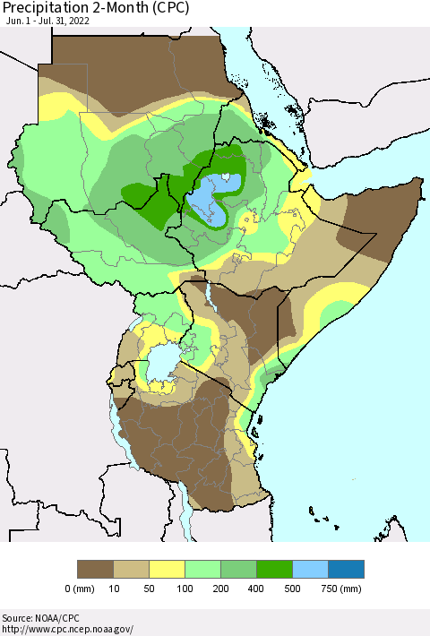 Eastern Africa Precipitation 2-Month (CPC) Thematic Map For 6/1/2022 - 7/31/2022