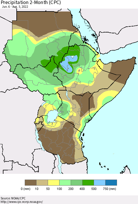 Eastern Africa Precipitation 2-Month (CPC) Thematic Map For 6/6/2022 - 8/5/2022