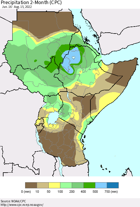 Eastern Africa Precipitation 2-Month (CPC) Thematic Map For 6/16/2022 - 8/15/2022