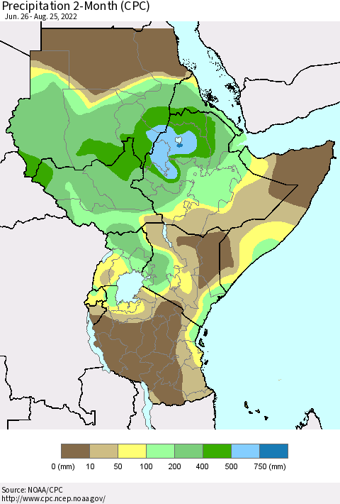 Eastern Africa Precipitation 2-Month (CPC) Thematic Map For 6/26/2022 - 8/25/2022