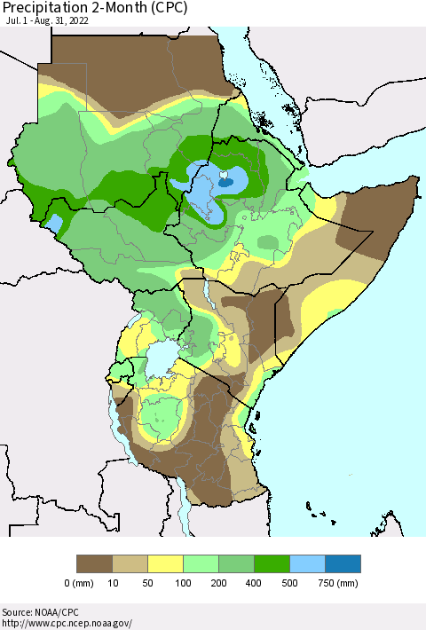 Eastern Africa Precipitation 2-Month (CPC) Thematic Map For 7/1/2022 - 8/31/2022