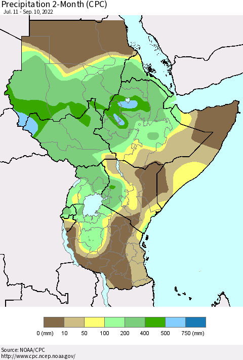 Eastern Africa Precipitation 2-Month (CPC) Thematic Map For 7/11/2022 - 9/10/2022