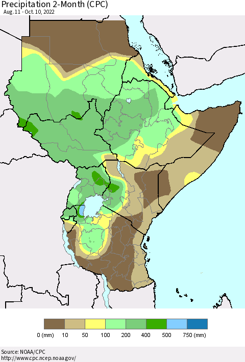 Eastern Africa Precipitation 2-Month (CPC) Thematic Map For 8/11/2022 - 10/10/2022