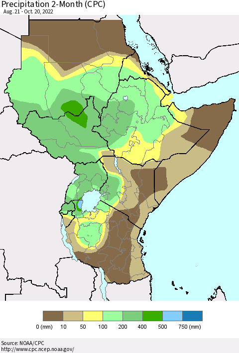 Eastern Africa Precipitation 2-Month (CPC) Thematic Map For 8/21/2022 - 10/20/2022