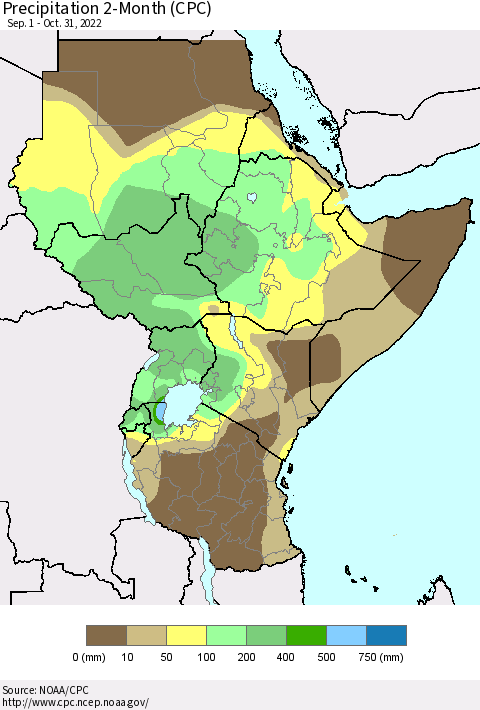 Eastern Africa Precipitation 2-Month (CPC) Thematic Map For 9/1/2022 - 10/31/2022