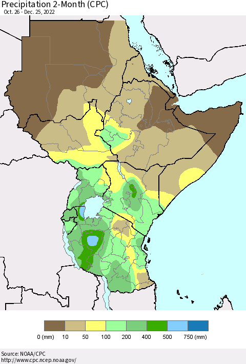 Eastern Africa Precipitation 2-Month (CPC) Thematic Map For 10/26/2022 - 12/25/2022
