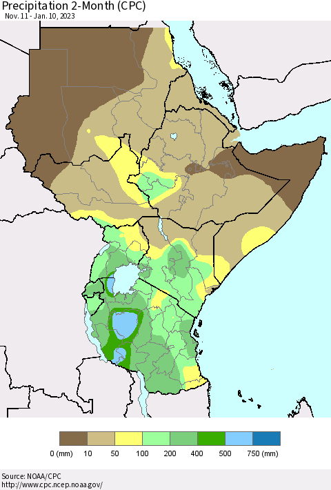 Eastern Africa Precipitation 2-Month (CPC) Thematic Map For 11/11/2022 - 1/10/2023