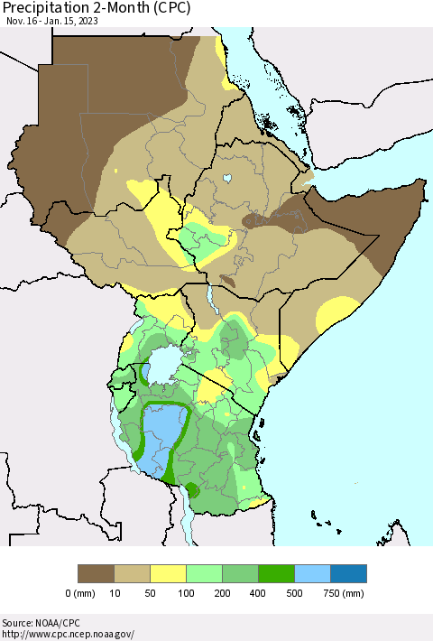 Eastern Africa Precipitation 2-Month (CPC) Thematic Map For 11/16/2022 - 1/15/2023