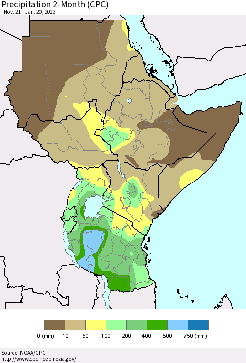 Eastern Africa Precipitation 2-Month (CPC) Thematic Map For 11/21/2022 - 1/20/2023