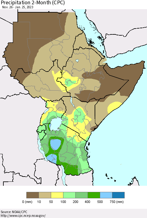 Eastern Africa Precipitation 2-Month (CPC) Thematic Map For 11/26/2022 - 1/25/2023