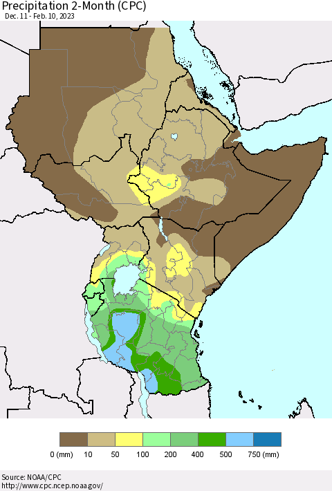 Eastern Africa Precipitation 2-Month (CPC) Thematic Map For 12/11/2022 - 2/10/2023