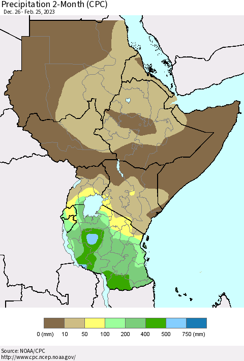 Eastern Africa Precipitation 2-Month (CPC) Thematic Map For 12/26/2022 - 2/25/2023