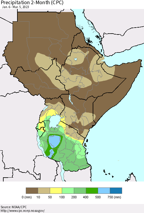 Eastern Africa Precipitation 2-Month (CPC) Thematic Map For 1/6/2023 - 3/5/2023