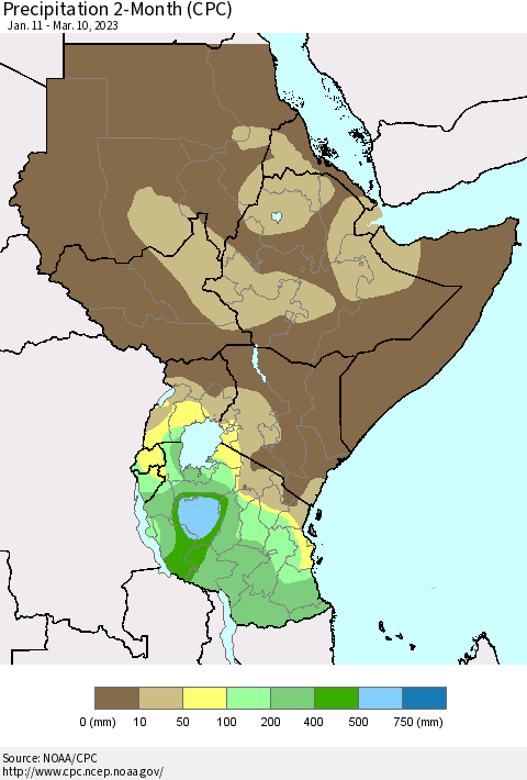 Eastern Africa Precipitation 2-Month (CPC) Thematic Map For 1/11/2023 - 3/10/2023