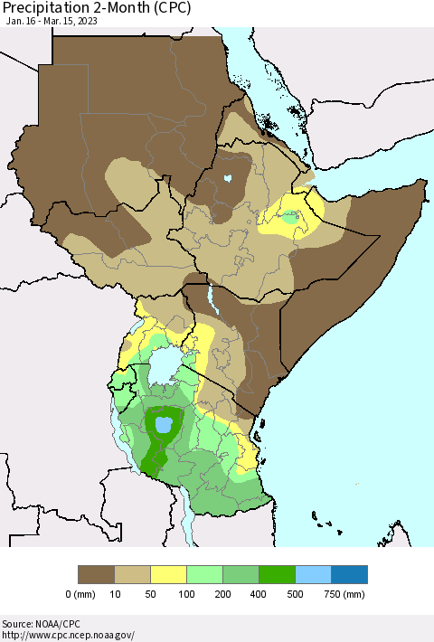 Eastern Africa Precipitation 2-Month (CPC) Thematic Map For 1/16/2023 - 3/15/2023
