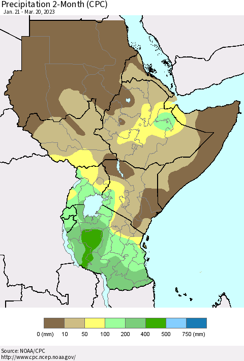 Eastern Africa Precipitation 2-Month (CPC) Thematic Map For 1/21/2023 - 3/20/2023