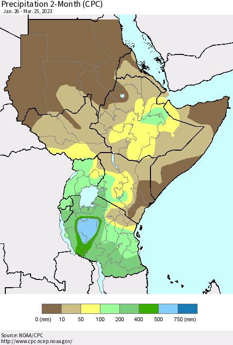 Eastern Africa Precipitation 2-Month (CPC) Thematic Map For 1/26/2023 - 3/25/2023