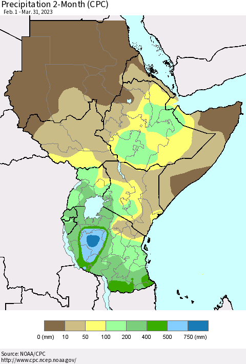 Eastern Africa Precipitation 2-Month (CPC) Thematic Map For 2/1/2023 - 3/31/2023