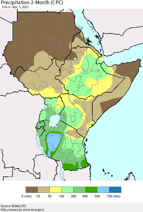 Eastern Africa Precipitation 2-Month (CPC) Thematic Map For 2/6/2023 - 4/5/2023