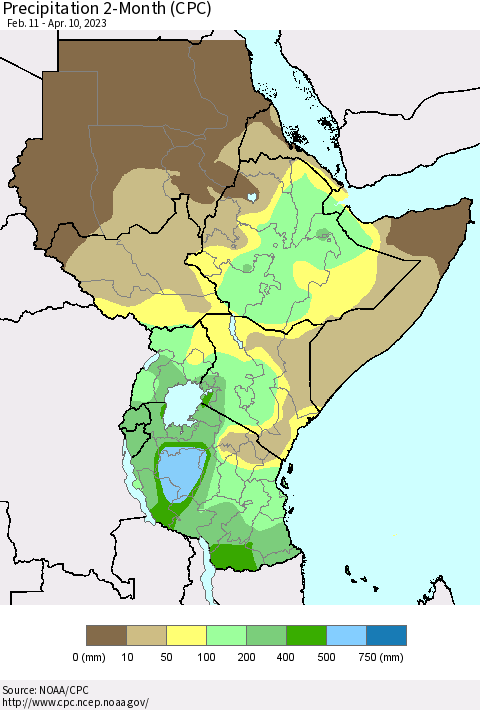 Eastern Africa Precipitation 2-Month (CPC) Thematic Map For 2/11/2023 - 4/10/2023