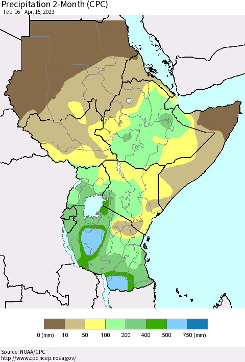 Eastern Africa Precipitation 2-Month (CPC) Thematic Map For 2/16/2023 - 4/15/2023