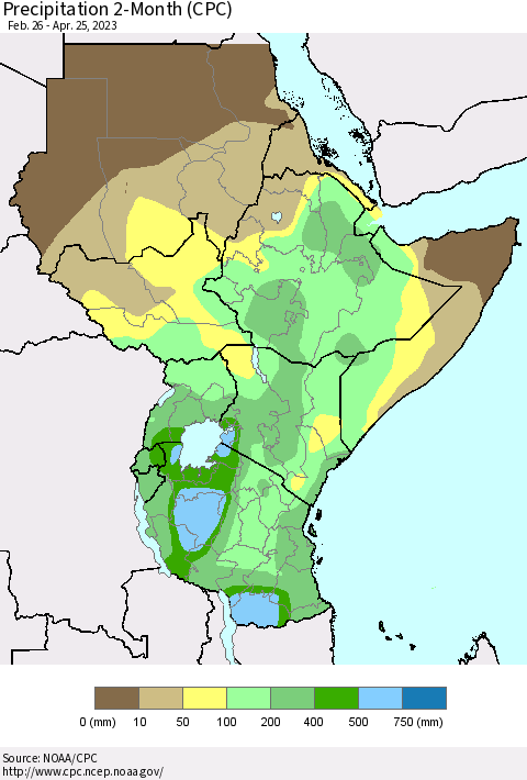 Eastern Africa Precipitation 2-Month (CPC) Thematic Map For 2/26/2023 - 4/25/2023