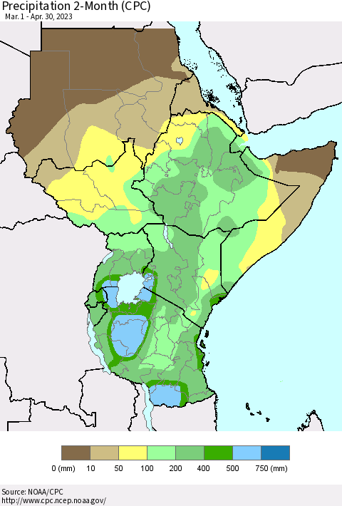 Eastern Africa Precipitation 2-Month (CPC) Thematic Map For 3/1/2023 - 4/30/2023