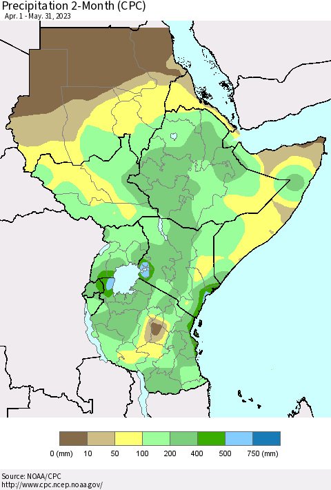 Eastern Africa Precipitation 2-Month (CPC) Thematic Map For 4/1/2023 - 5/31/2023