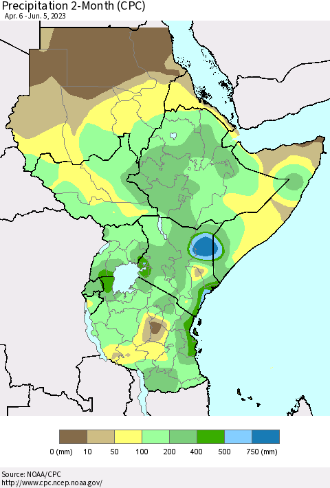 Eastern Africa Precipitation 2-Month (CPC) Thematic Map For 4/6/2023 - 6/5/2023