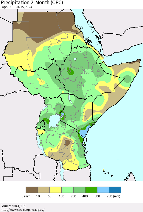 Eastern Africa Precipitation 2-Month (CPC) Thematic Map For 4/16/2023 - 6/15/2023