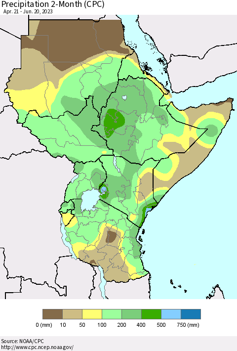 Eastern Africa Precipitation 2-Month (CPC) Thematic Map For 4/21/2023 - 6/20/2023