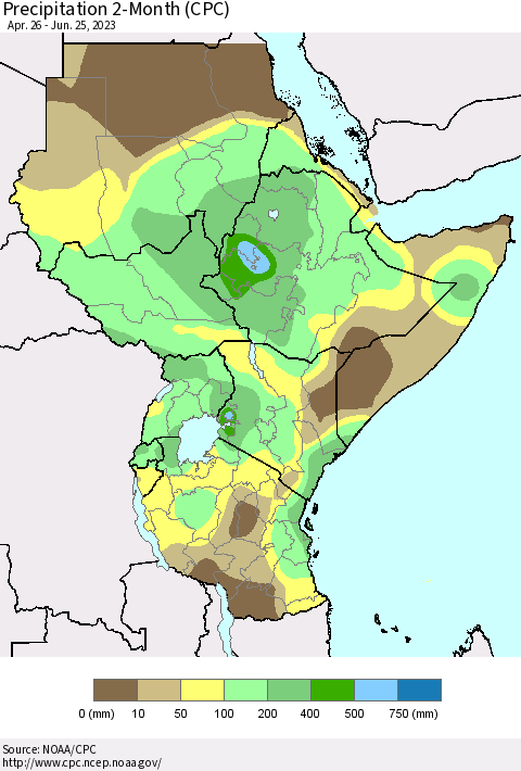Eastern Africa Precipitation 2-Month (CPC) Thematic Map For 4/26/2023 - 6/25/2023