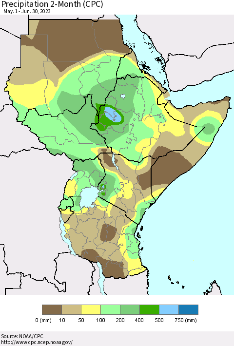 Eastern Africa Precipitation 2-Month (CPC) Thematic Map For 5/1/2023 - 6/30/2023