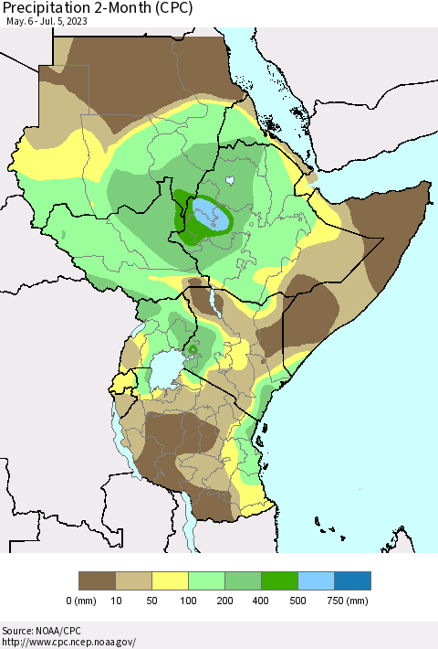 Eastern Africa Precipitation 2-Month (CPC) Thematic Map For 5/6/2023 - 7/5/2023