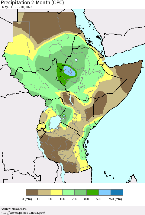 Eastern Africa Precipitation 2-Month (CPC) Thematic Map For 5/11/2023 - 7/10/2023
