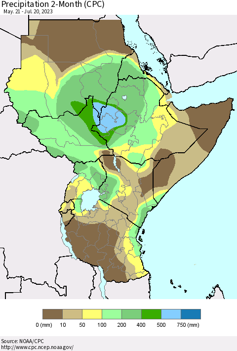 Eastern Africa Precipitation 2-Month (CPC) Thematic Map For 5/21/2023 - 7/20/2023