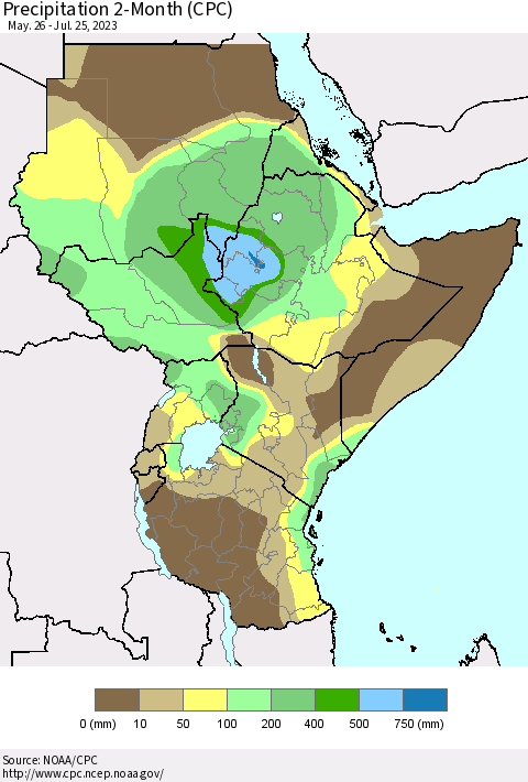 Eastern Africa Precipitation 2-Month (CPC) Thematic Map For 5/26/2023 - 7/25/2023