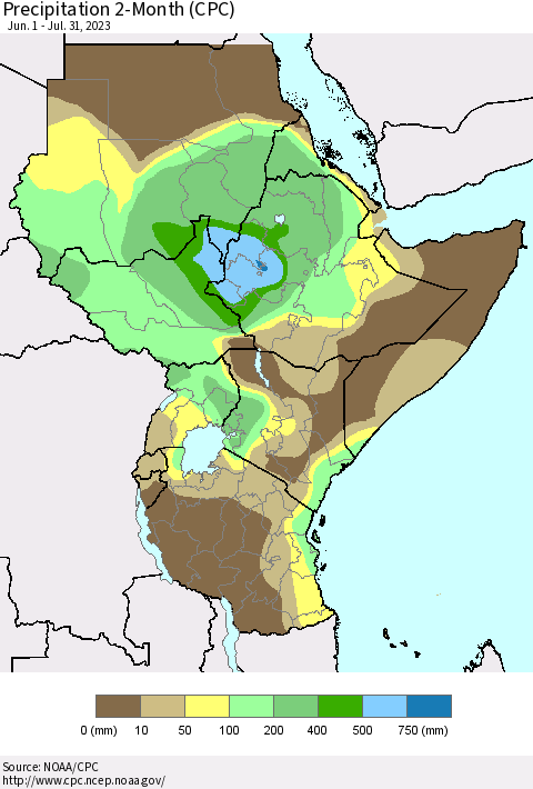 Eastern Africa Precipitation 2-Month (CPC) Thematic Map For 6/1/2023 - 7/31/2023