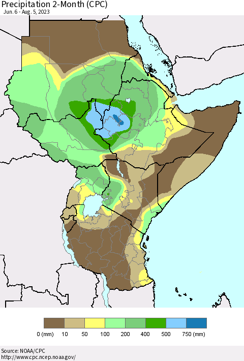 Eastern Africa Precipitation 2-Month (CPC) Thematic Map For 6/6/2023 - 8/5/2023