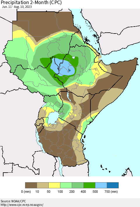 Eastern Africa Precipitation 2-Month (CPC) Thematic Map For 6/11/2023 - 8/10/2023