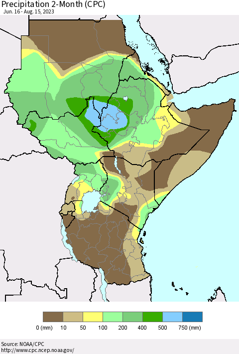 Eastern Africa Precipitation 2-Month (CPC) Thematic Map For 6/16/2023 - 8/15/2023
