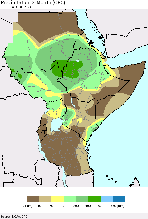 Eastern Africa Precipitation 2-Month (CPC) Thematic Map For 7/1/2023 - 8/31/2023