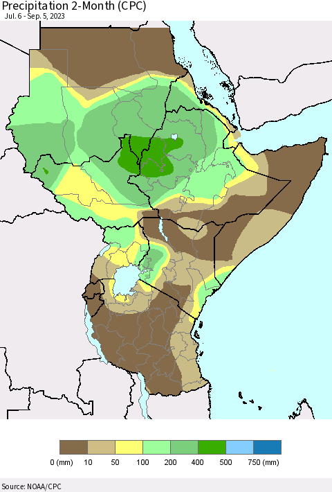 Eastern Africa Precipitation 2-Month (CPC) Thematic Map For 7/6/2023 - 9/5/2023